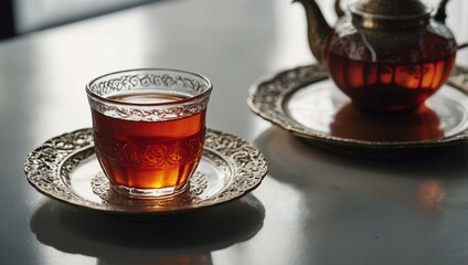 Wall Mural - Glass of Turkish tea placed on a white surface, embodying traditional elegance.