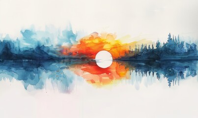 Wall Mural - A painting of a sunset with a large sun in the middle. The sky is blue and the sun is orange. The water is calm and there are trees in the background. The painting evokes a sense of peace