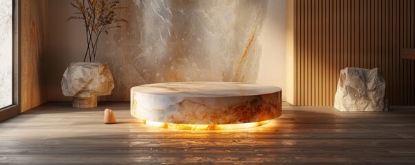 Elegant marble pedestal with gold accents, illuminated by soft, warm lighting.