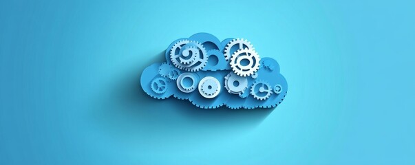 Poster - Cloud computing concept with interconnected gears and cogwheels on blue background