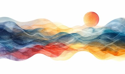 Wall Mural - Abstract waves and moon in watercolor on white.