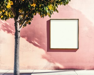Poster - Urban Pastel Pink Wall with Empty Frame and Tree Shadows - Outdoor Mockup with Soft Afternoon Lighting