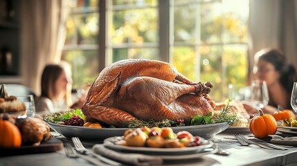 Close-up of roasted turkey on table with family during Thanksgiving dinner, natural light