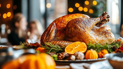 Close-up of roasted turkey on table with family during Thanksgiving dinner, natural light