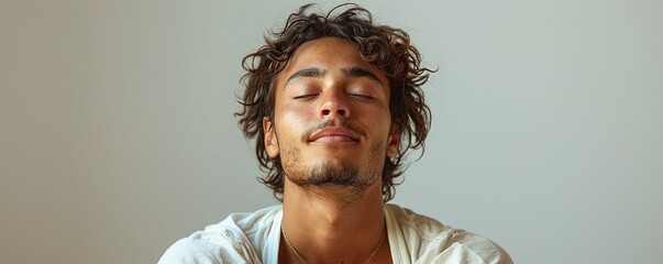 A person in deep meditation, sitting cross-legged with closed eyes and a serene expression against a plain white background.