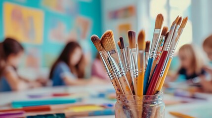 Art studio with children drawing, paintbrushes on table, shallow depth of field