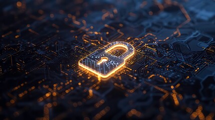 Poster - Glowing padlock symbol on a circuit board with yellow lines.
