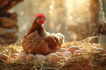 Fresh organic eggs laid by a healthy hen in a cozy straw nest, illuminated by warm natural sunlight in a rustic barn, promoting sustainable egg farming, quality production, and natural protein sources