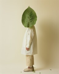 Poster - Imaginative Minimalist of Young Woman with Leaf Head in Pastel Beige Setting