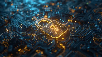 Poster - Closeup of glowing digital padlock on a circuit board.