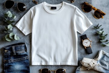 Canvas Print - Realistic white Tshirt Flat Lay Mockup created with Generative AI