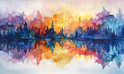 Wall Mural - Watercolor abstract twilight reflections on white.