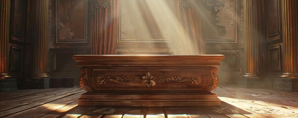 Vintage wooden podium with detailed carvings, highlighted by warm, natural light.