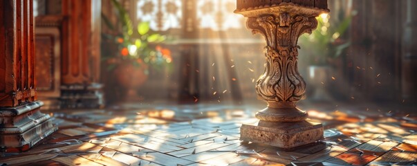 Vintage wooden pedestal with ornate details, spotlighted by warm, natural light.