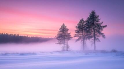 Wall Mural - A serene winter landscape featuring silhouetted trees against a colorful sky at dawn.