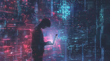 Poster - Silhouette of a person using a laptop with glowing digital data in the background.