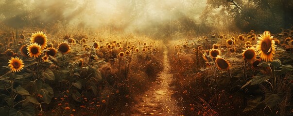 Wall Mural - Pathway through an autumn sunflower field