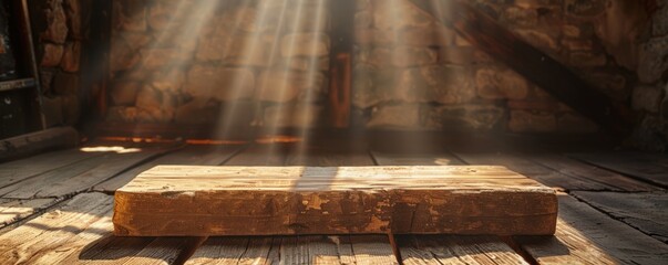 Rustic wooden podium with a weathered finish, highlighted by warm, natural light.