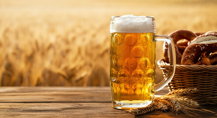 Beer mug with pretzel and barley field background showcasing food and drink