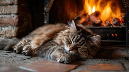 Wall Mural - A cozy cat sleeping peacefully by a warm fireplace in a rustic setting.