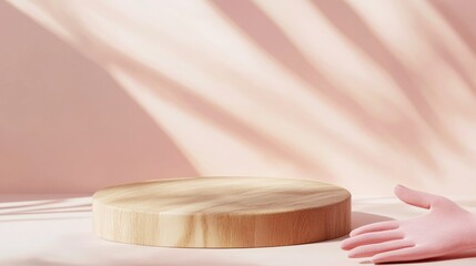 Poster - Minimalist Mockup with Wooden Podium and Pink Gloves Against Pastel Background