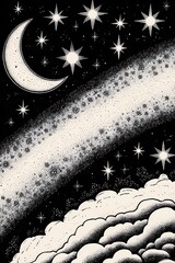 Wall Mural - Black and white illustration of a cosmic scene, featuring a detailed depiction of outer space,  large, bright galaxy or nebula stretching across the image, with stars scattered in the background