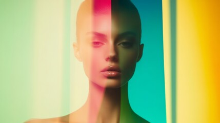 Aufkleber - Abstract Fashion Portrait with Blurred Multicolored Background and Symmetrical Composition in Vibrant High-Definition Style