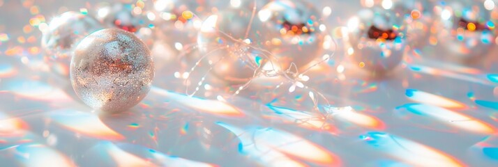 Poster - Festive Iridescent Silver Christmas Ornaments in a Shiny, Colorful Holiday Setting