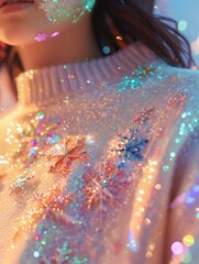 Aufkleber - Festive Holiday Fashion Iridescent Silver T-Shirt Dress with Christmas Ornaments and Sparkling Snowflakes