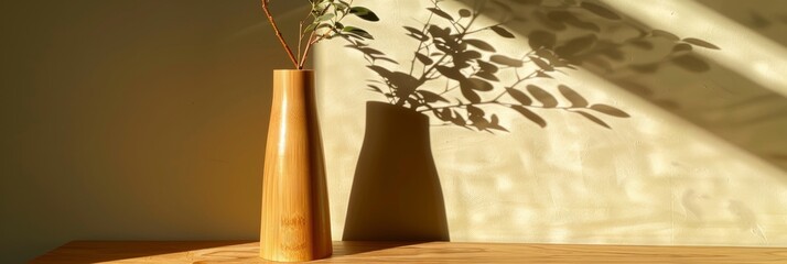 Poster - Minimalist Bamboo Vase Casting Shadow on Wooden Surface with Light Green Background
