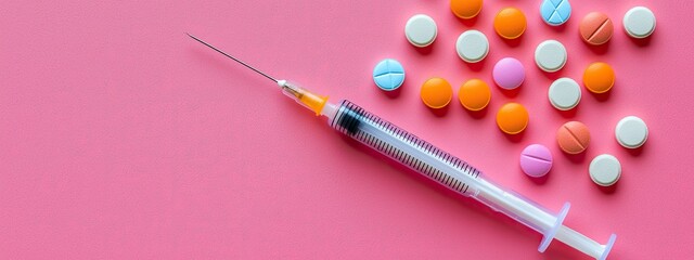 medicine pills syringe top view. Selective focus