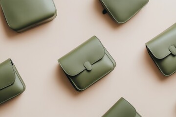 Poster - Minimalist Pattern of Green Leather Bags on Beige Background with Soft Shadows