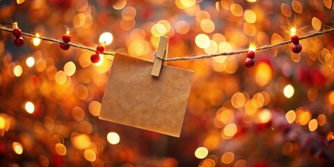 Wall Mural - Blank paper hanging on twine with clothespin and festive string lights, set against a backdrop of warm orange bokeh lights, ideal for holiday invitations, seasonal greetings, or
