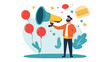 © MDMASUD - Communication or PR, Public Relations manager to communicate company information and media, announce sales or promotion concept, businessman holding speech bubble balloons while talking on megaphone.