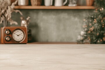 Aufkleber - Vintage-Themed Product Display on Light Cream Marble Table - Soft Warm Lighting, Retro Elements, and Nostalgic Mood