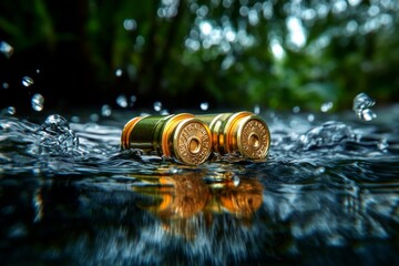 Bullets submerged in water from an overturned ammo case, creating a haunting image of conflict's aftermath