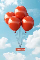 Poster - Bright red balloons floating in sky with Coming Soon sign, creating festive and anticipatory atmosphere.