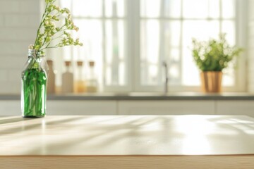 Aufkleber - Bright Minimalist Kitchen Scene with White Ceramic Table Surface in Clean, Fresh Morning Light for Product Display Montage