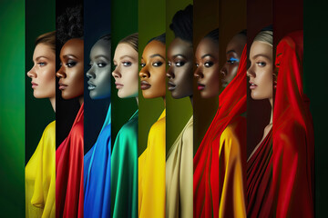 Diverse group of women draped in colorful fabrics representing a spectrum, celebrating multicultural beauty