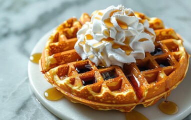 Delicious Waffle with Whipped Cream and Syrup