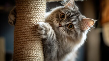 A fluffy gray cat playfully clings to a scratching post, showcasing its curious nature.