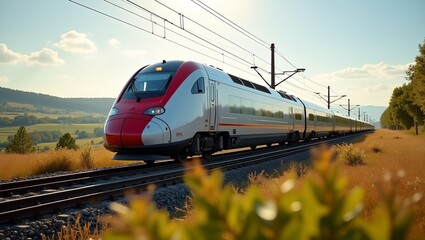 A sleek highspeed train zooming through lush countryside capturing the essence of modern transportation and scenic beauty