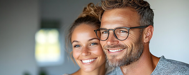 Happy couple smiling together, man and woman embracing, enjoying a moment of happiness and connection, showcasing love and companionship.