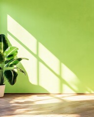 Poster - Serene Minimalist Indoor Scene Light Green Concrete Wall with Plant Shadows, Wooden Floor and Soft Natural Lighting