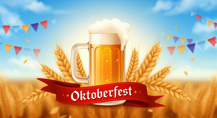 Beer celebrating Oktoberfest with wheat field in background and colorful festive decorations