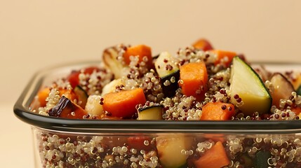 A high-definition close-up of a glass lunch box filled with a healthy quinoa and roasted vegetable bowl. The background is a solid tan, emphasizing the sharp textures and vibrant colors of the dish.