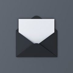 Aufkleber - Blank white note paper sheet or card in unfolded black envelope isolated on black background with shadow minimal letter conceptual 3D rendering