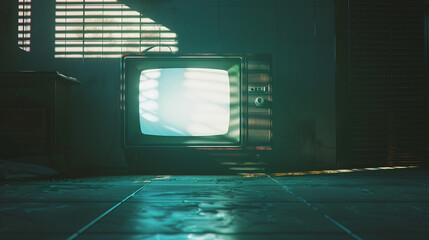 3d rendered old tv monitor on floor in old room with sun rays vintage footage sunny effect window ruins of television retro technology retrospect composition realistic photography graphic multimedia