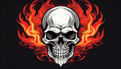 A vivid illustration of a skull with detailed facial features, surrounded by fiery flames on a black background. The style resembles a tattoo or horror poster, with intense red and orange flames contr