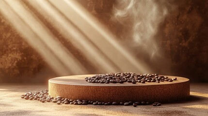 Rich brown roasted coffee beans are scattered on a round wooden platform, illuminated by warm sunlight streaming through, ideal for use in advertising, cafes